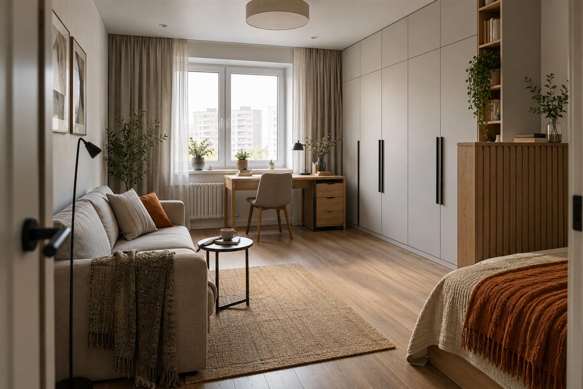 Комната однокомнатной квартиры с рабочим местом и встроенным хранением — концепция