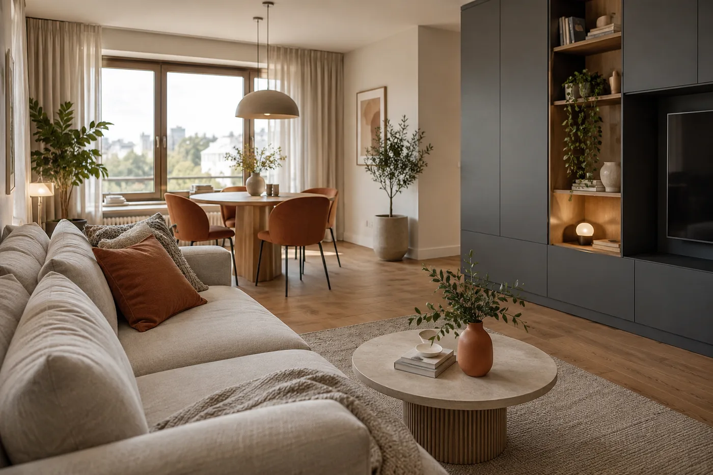 Интерьерная концепция гостиной с обеденной зоной, светлым диваном и графитовыми шкафами